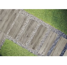 Gartenszene mit Gehwegplatten in Holzoptik, eingefasst von Kies und Rasen