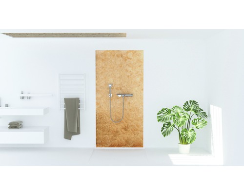 Modernes Badezimmer mit Dusche, Waschbecken, Handtuchwärmer und Pflanze