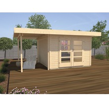 Holzgartenhaus mit überdachter Terrasse auf einer Holzterrasse