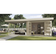 Gartenhaus mit überdachter Terrasse, Gartenmöbeln und Dekoration im Außenbereich.