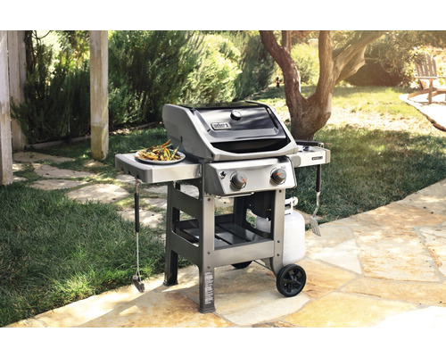 Weber Spirit Gasgrill mit zwei Brennern im Garten.