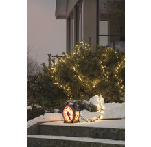Winterliche Gartenszene mit beleuchtetem Busch und dekorativer Laterne auf einer Treppe