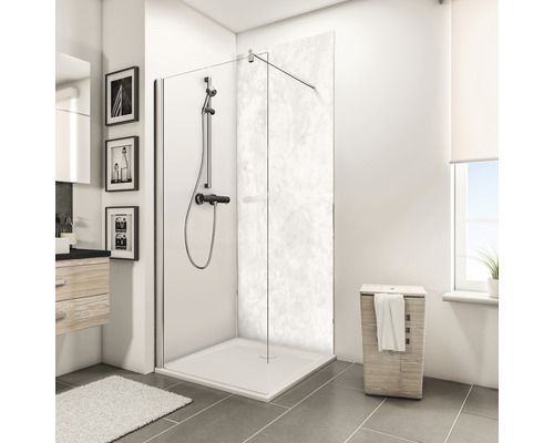 Duschrückwand Schulte Decodesign 1000x2550x3 mm Stein Marmor hell Badezimmer mit Dusche, Duschwanne, Duscharmatur und Wäschekorb