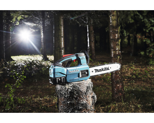 Makita Kettensäge auf Baumstumpf im Wald