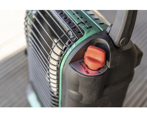 Detailansicht eines Heizstrahlers mit Drehknopf zur Einstellung der Heizstufe