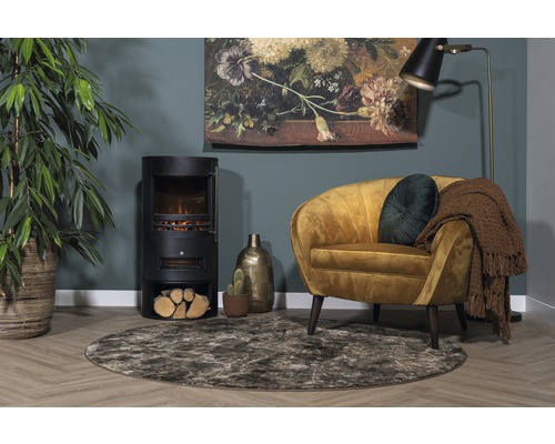 Wohnzimmer mit Kaminofen, Sessel, Teppich und Dekoration