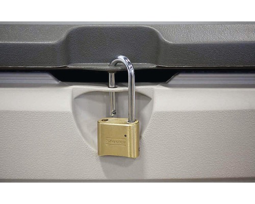 Vorhängeschloss an einer Aufbewahrungsbox befestigt