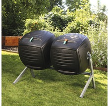 Doppel-Komposttrommel aus Kunststoff auf einem Metallgestell im Garten.