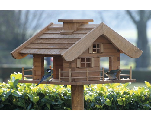 Vogelhaus aus Holz mit zwei Vögeln