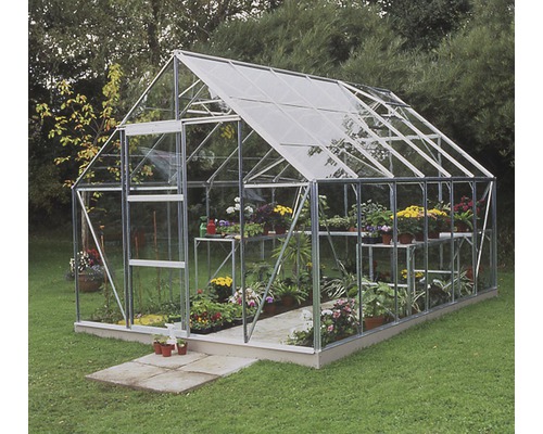 Gewächshaus Halls Universal 128 9,9 m² Blankglas 3 mm 257 x 384 cm Aluminium Gewächshaus mit Pflanzen auf Rasen