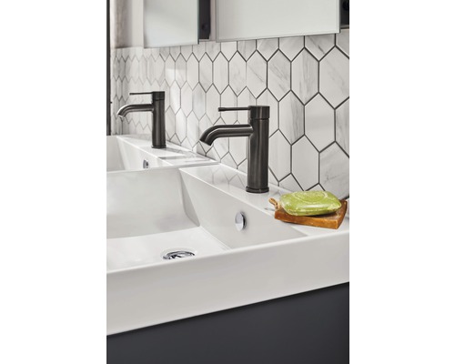 Doppelwaschbecken mit Armaturen und Seife