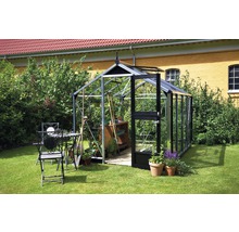 Gewächshaus mit geöffneter Tür im Garten