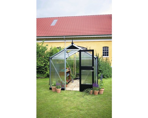 Gewächshaus mit geöffneter Tür im Garten