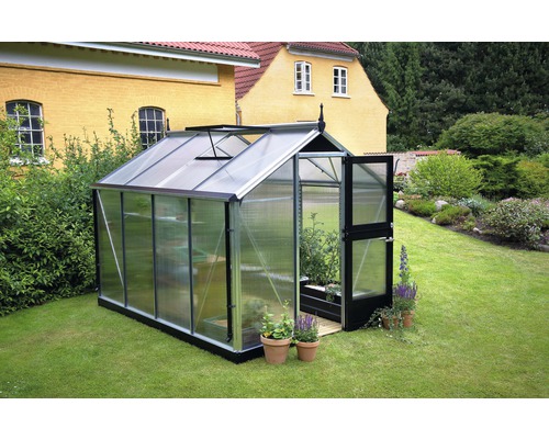 Gewächshaus mit geöffneter Tür und Pflanzen im Garten