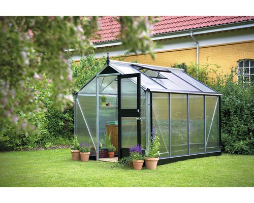 Gewächshaus im Garten mit geöffneter Tür und Pflanzen in Töpfen