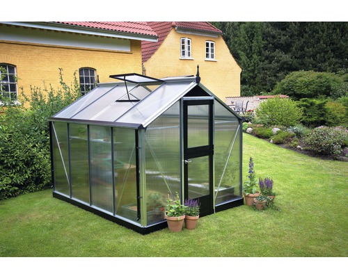 Gewächshaus im Garten mit Pflanzen in Töpfen.