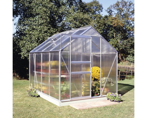 Gewächshaus Halls Popular 86 5,0 m² Hohlkammerplatten 4 mm 193x257 cm Aluminium Gewächshaus mit Pflanzen im Garten