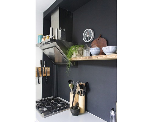 Küchenszene mit Herd, Dunstabzugshaube, Küchenutensilien und Wandregal