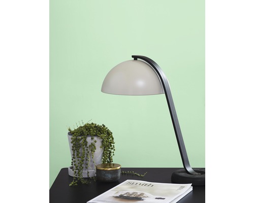 Szene mit Tischleuchte, Zimmerpflanze und Zeitschrift auf einem Tisch