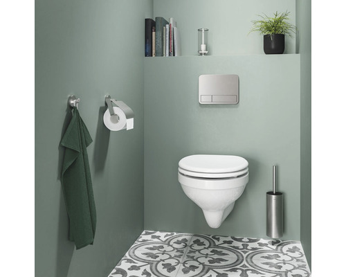 Modernes Badezimmer mit Wand-Tiefspülklosett, Betätigungsplatte und Accessoires