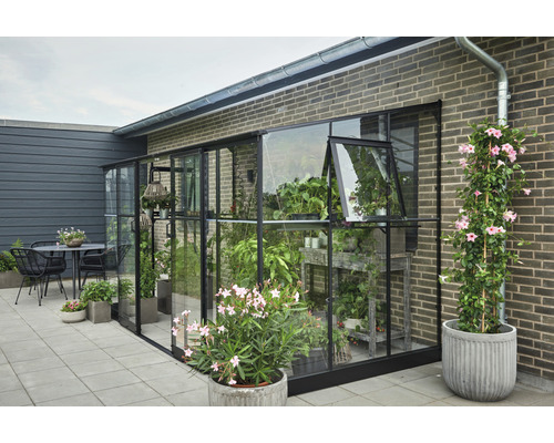 Gewächshaus mit Pflanzen auf einer Terrasse neben einem Haus.