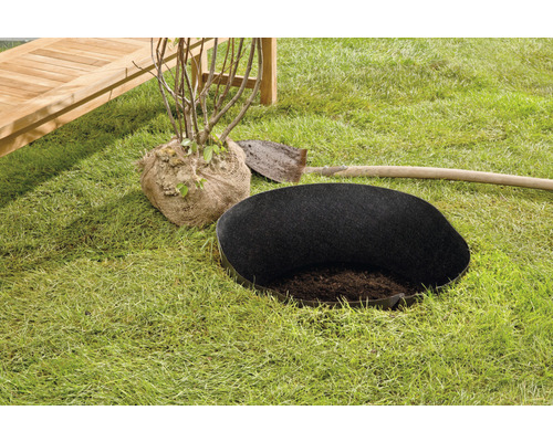Gartenszene mit einer Pflanze im Jutesack, einer Pflanzscheibe und einer Schaufel auf Rasen.