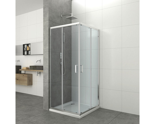 Eckdusche mit Schiebetüren in Badezimmerumgebung