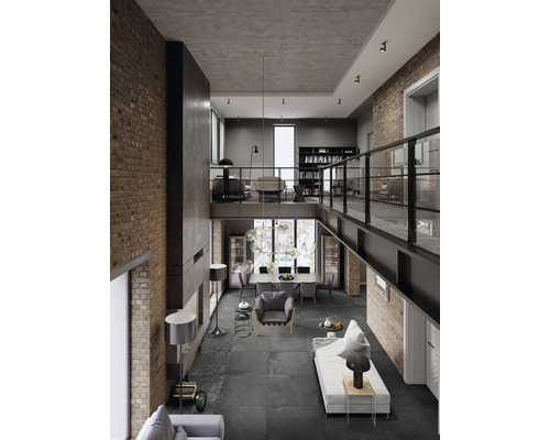 Großzügiges Wohnzimmer mit hohen Decken, Ziegelwänden und modernem Interieur