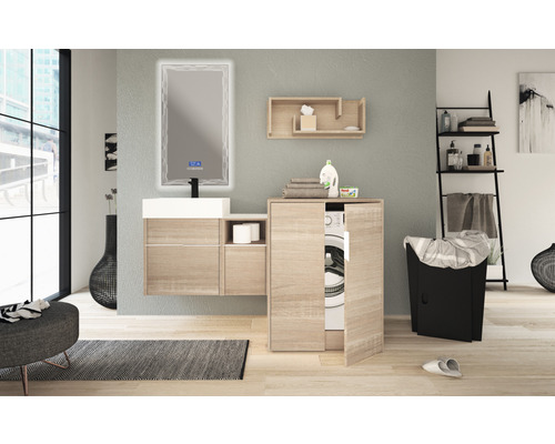 Modernes Badezimmer mit Waschmaschine, Waschbeckenunterschrank und beleuchtetem Spiegel