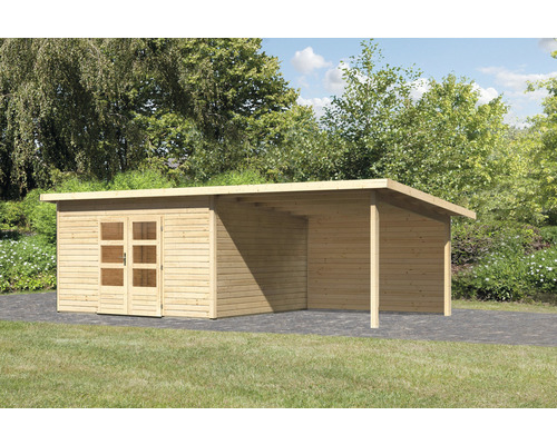 Gartenhaus Karibu Speyer 5 inkl. Anbaudach 3,3 m und Rückwand 724 x 393 cm natur Gartenhaus mit Anbau aus Holz