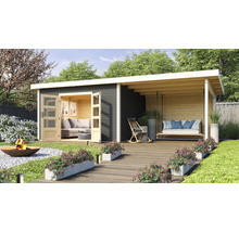 Gartenhaus mit Terrasse, Schaukel und Feuerstelle im Außenbereich