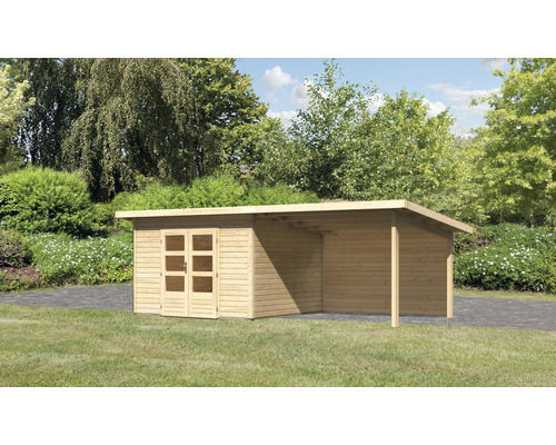 Gartenhaus Karibu Speyer 3 inkl. Anbaudach 3,3 m und Rückwand 664 x 331,5 cm natur Gartenhaus mit Anbau im Garten