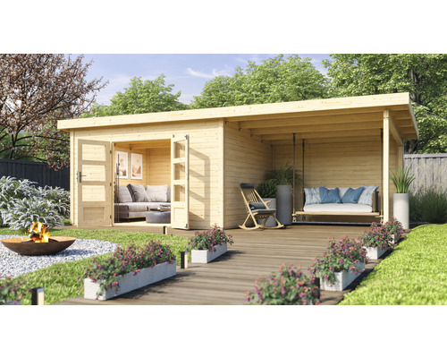 Gartenhaus Karibu Speyer 4 inkl. Anbaudach 3,3 m und Rückwand 724 x 331,5 cm natur Holzgartenhaus mit überdachter Terrasse, Sitzmöbeln und Feuerstelle im Garten