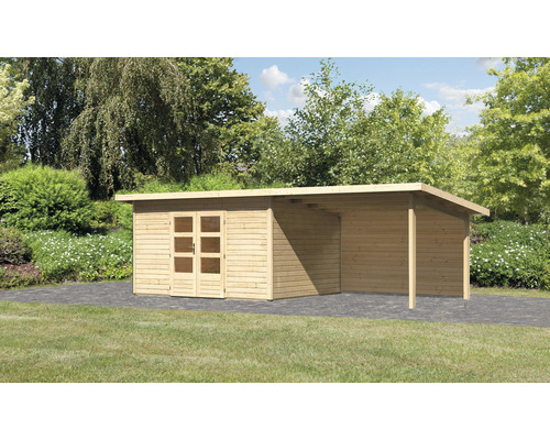 Holzgartenhaus mit Doppeltür und Carportanbau