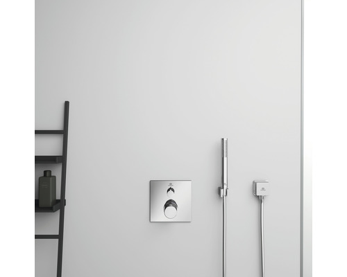 Duscharmatur mit Handbrause und Ablage im Badezimmer