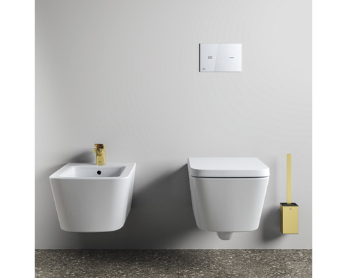 Badezimmer-Szene mit wandhängendem Bidet, Toilette, Betätigungsplatte und Toilettenbürste