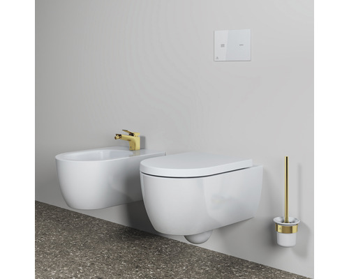 Badezimmer Interieur mit wandhängendem Bidet, Toilette, Betätigungsplatte und WC-Bürstengarnitur.