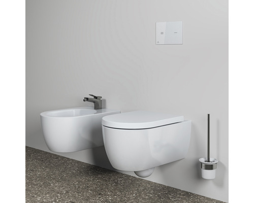 Bidet, Wand-Tiefspül-WC, Betätigungsplatte und WC-Bürste im Badezimmer