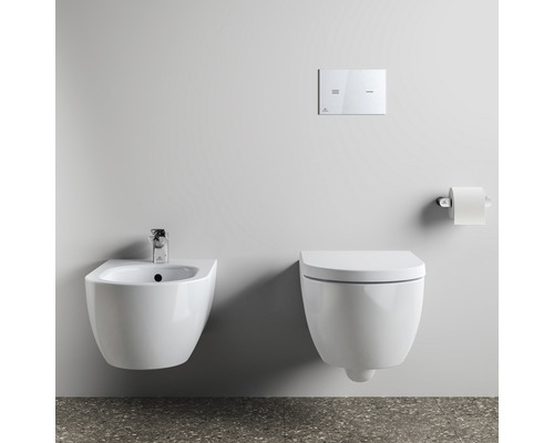 Modernes Badezimmer mit wandhängendem Bidet und WC, Betätigungsplatte und Toilettenpapierhalter.
