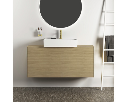 Modernes Badezimmer mit Waschtischunterschrank, Aufsatzwaschbecken und runden Spiegel