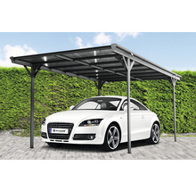 Carport mit Auto auf gepflastertem Untergrund vor einer grünen Hecke