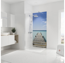 Badezimmer mit Duschkabine und Strandmotiv