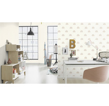 Heller Raum mit Regalen, Schreibtisch und Tapete mit Regenbogenmuster