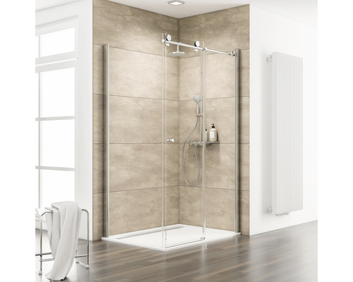 Schiebetür mit Seitenwand Schulte ExpressPlus Masterclass 900x1200x2000 mm Festteil rechts Echtglas Klar hell chromoptik mit schmutzabweisender Glasbeschichtung Duschkabine mit Schiebetür in einem hellen Badezimmer
