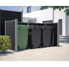 Mülltonnenbox mit drei Mülltonnen und einer Schaufel