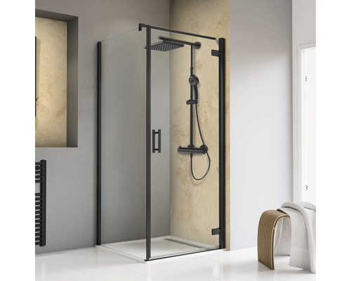 Pendeltür mit Seitenwand Schulte ExpressPlus TouraPlus 900x900x2000 mm Festteil links Echtglas Klar hell schwarz mit schmutzabweisender Glasbeschichtung Duschkabine mit schwarzem Rahmen und Duscharmatur