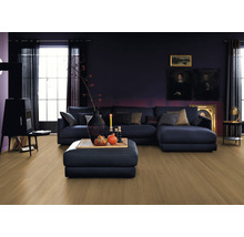 Wohnzimmer mit Laminatboden, Sofa und Dekoration