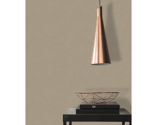 Wohnraum mit Pendelleuchte, Schale und Büchern auf einem Tisch vor einer Wand