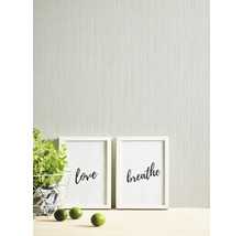 Szene mit Tapete, zwei Bilderrahmen mit den Aufschriften Liebe und Atmen, einer Pflanze in einem Korb und Limetten auf einem Tisch