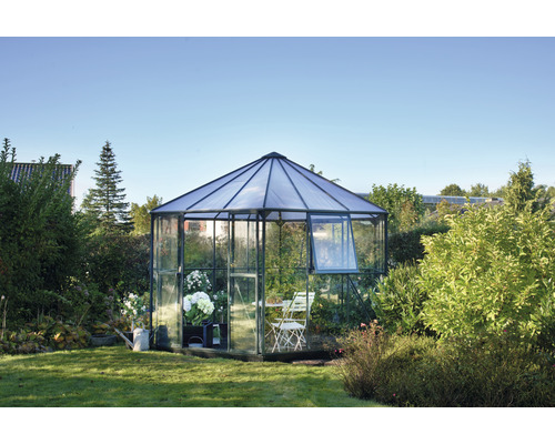 Gewächshaus im Garten mit geöffnetem Fenster